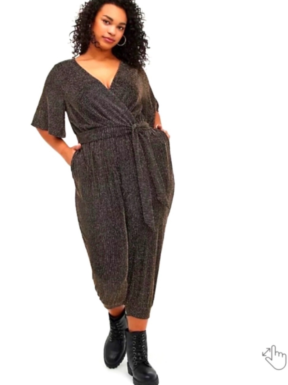 TORID-Plus Size Metallic Black Wrap Jumpsuit with Tie Waist
